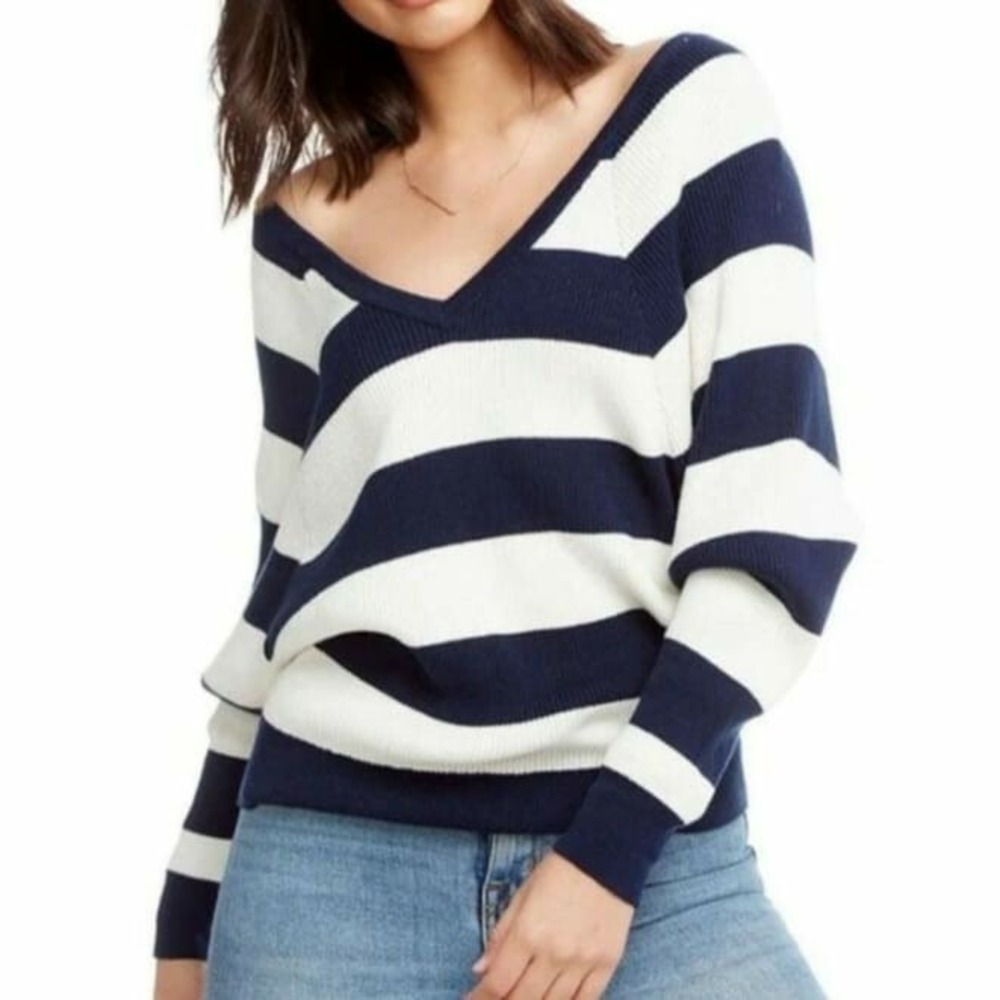 CHASER Striped Sweater Women's Sz M White Blue Rib Raglan Sleeve Nautical Preppy